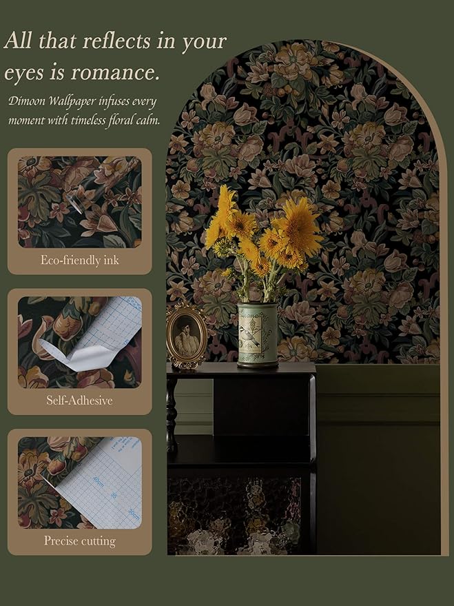 Dimoon Vintage Wallpaper Peel and Stick Archival Dark Green Floral Wallpaper 17.3"x197"Flower Leaf Retro Contact Paper for Bedroom Thicken Waterproof Self Adhesive Wall Paper Removable Vinyl Roll