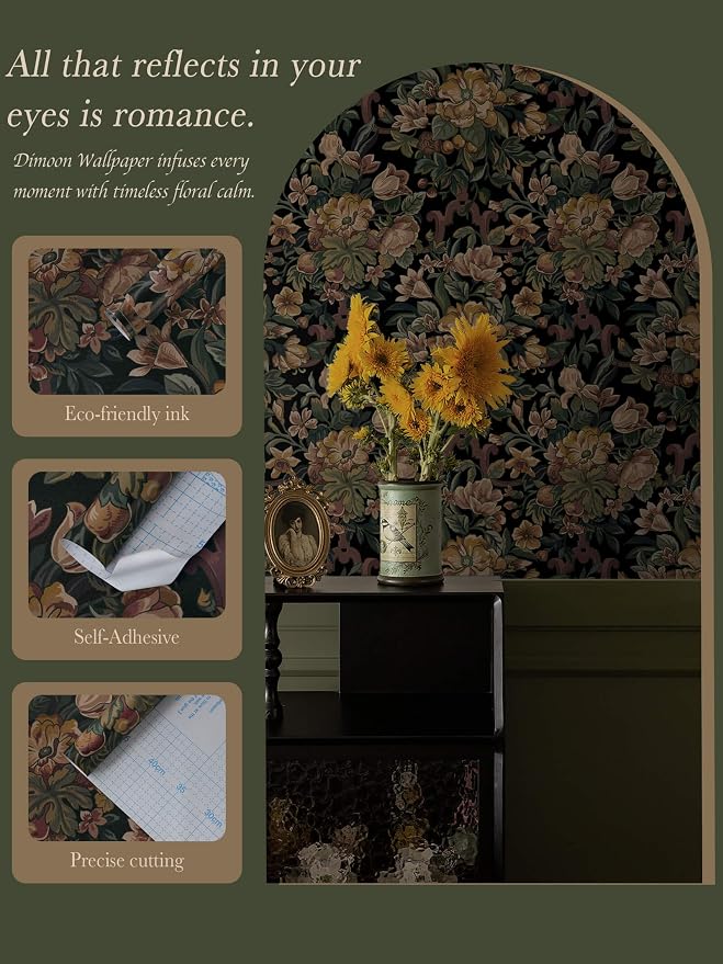 Dimoon Vintage Wallpaper Peel and Stick Archival Dark Green Floral Wallpaper 17.3"x393"Flower Leaf Retro Contact Paper for Bedroom Thicken Waterproof Self Adhesive Wall Paper Removable Vinyl Roll