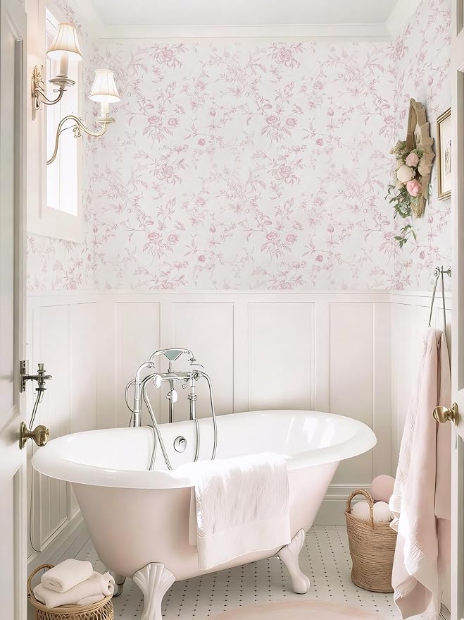 Ismoon Floral Peel and Stick Wallpaper Vintage Pink Wall Paper French Textured Contact Paper Removable Self Adhesive Wallpaper for Bedroom Vinyl Roll Renter Friendly 17.3in×9.84 ft