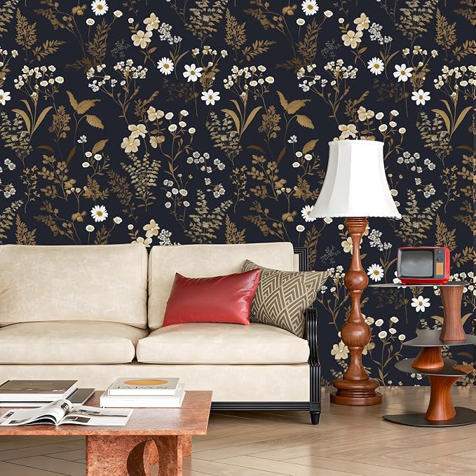 Floral Leaf Vintage Wallpaper Peel and Stick 17.5"x78.7", Dark Gold | Self Adhesive/Removable/Waterproof/Thick Vinyl Contact Paper for Bathroom Bedroom Shelf Cabinet Drawer,Prepasted,Easy Peel