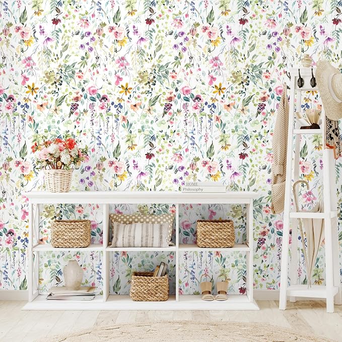 VEELIKE Watercolor Wildflowers Wallpaper Peel and Stick Removable Floral Wallpaper for Bedroom Bathroom Nursery 17.7''x354'' Self Adhesive Wall Mural Floral Contact Paper for Walls Furniture Cabinets