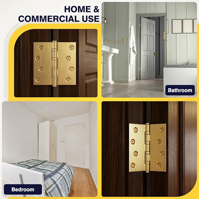 KOLET Ball Bearing Gold Door Hinges, 4 x 4 Inches Square Door Hinges Satin Gold, Square Corner, Stainless Steel Hinges, Heavy Duty, Smooth and Non Removable Pin, 6 Pack