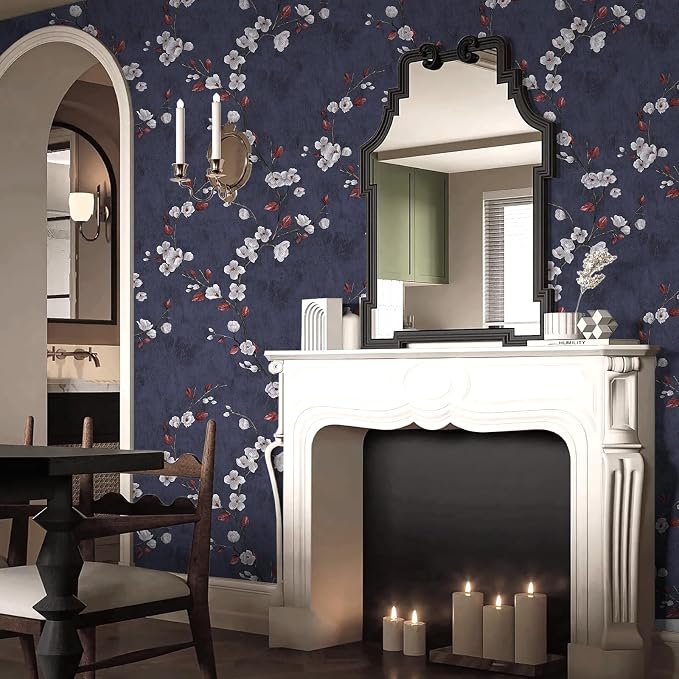 Floral Peel and Stick Wallpaper Flower Tree Contact Paper A Set of 17.5"x300" Self Adhesive Removable Modern Dark Blue Wall Paper Decorative Wall Covering Countertop Vinyl Film Roll
