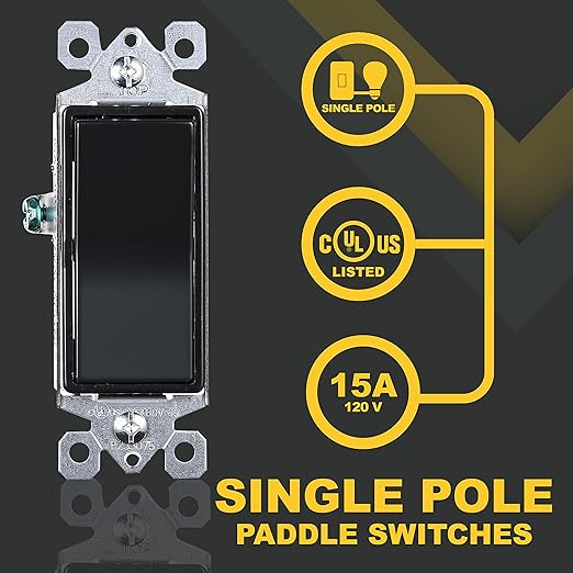 Faith [10-Pack] Single-Pole Decorator Paddle Wall Light Switch, 15A 120/277V, On/Off Rocker, Black, 10-Piece