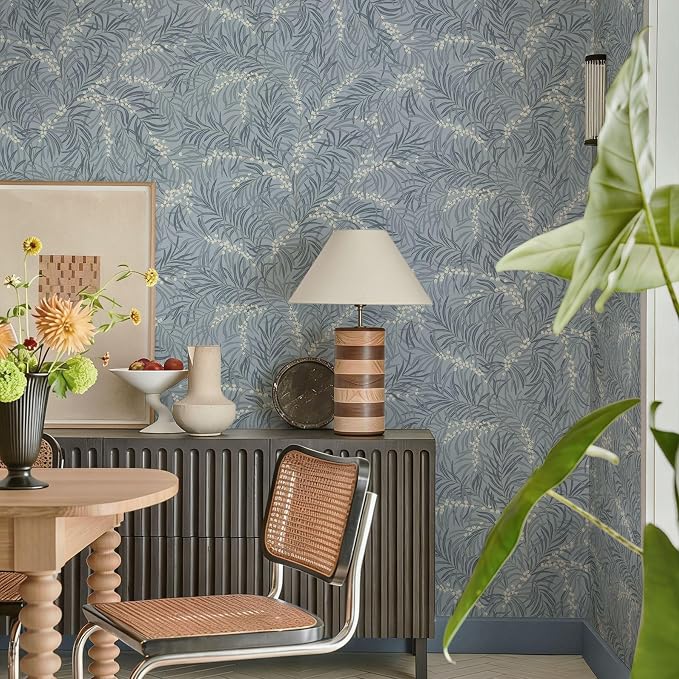 Ismoon Vintage Wallpaper Peel and Stick Dusty Blue Botanical Wallpaper 17.3in x32.8ft Leaf Removable Waterproof Blue/White Contact Paper for Bedroom Kitchen Renter Friendly Wall Decor Vinyl