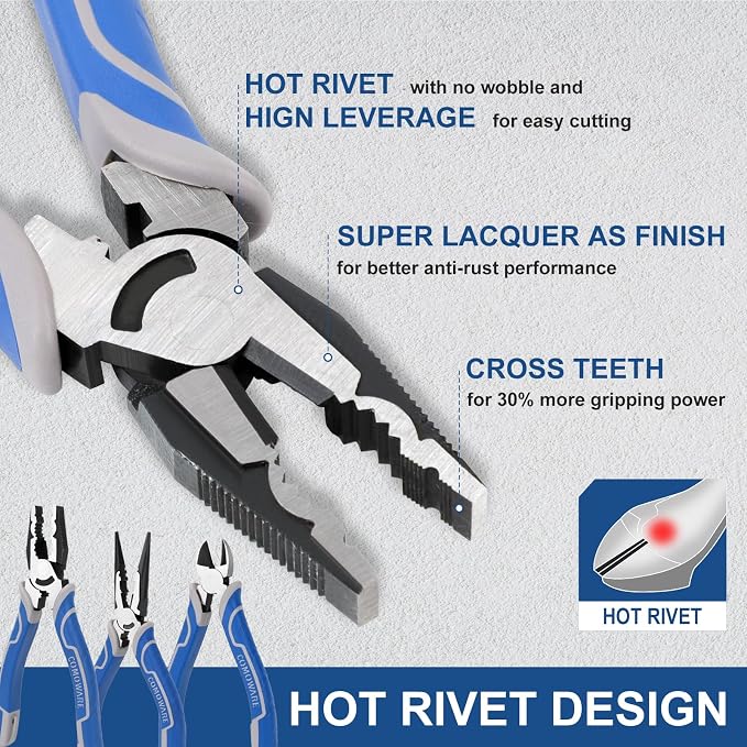 COMOWARE 7Pcs Pliers Set, Mechanic Plier with Rolling Pouch, 10", 8" Groove Joint Pliers, 8" Adjustable Wrench, 8" Linesman, 6" Long Needle Nose, 6" Slip Joint, 6" Diagonal, Roll-Up Pouch Organizer