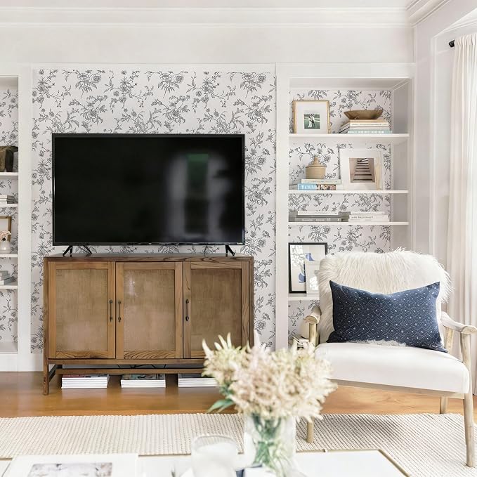 Ismoon Peel and Stick Wallpaper Floral Vintage Stick on Wall Paper Black and White Contact Paper for Cabinet French Textured Removable Self Adhesive Wallpaper Vinyl for Bedroom Wall Deco 17.3 x 78.7in