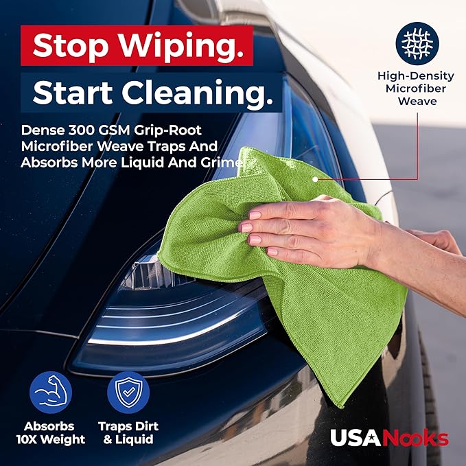 USANOOKS Microfiber Cleaning Cloth Light Green - 24 Pcs 12.5"x12.5" - High Performance - 1200 Washes, Ultra Absorbent Towels Weave Grime & Liquid for Streak-Free Mirror Shine - Car Washing Cloth
