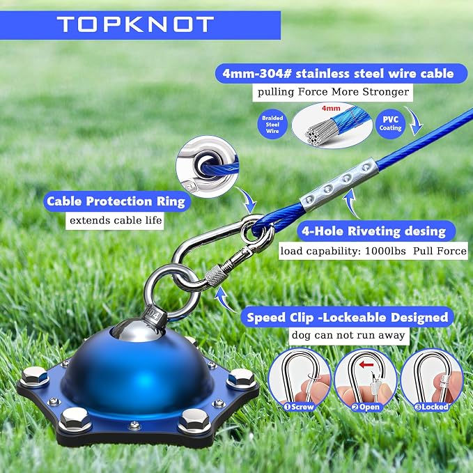 TOPKNOT Dog Tie Out Cable and Stake for Camping,360°Swivel Dog Run- No Tangle,with 30FT Heavy Duty Cable, Runner for Yard - Up to 150LBS,Ideal for Outdoor Camping
