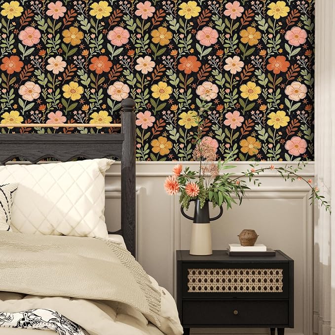 ILHIIOR Black/Orange Floral Peel and Stick Wallpaper 17.5 x 118 Inches | Leaf Removable Self Adhesive Waterproof Contact Paper, Renter Friendly Decor for Cabinets, Drawers & Bedroom Walls