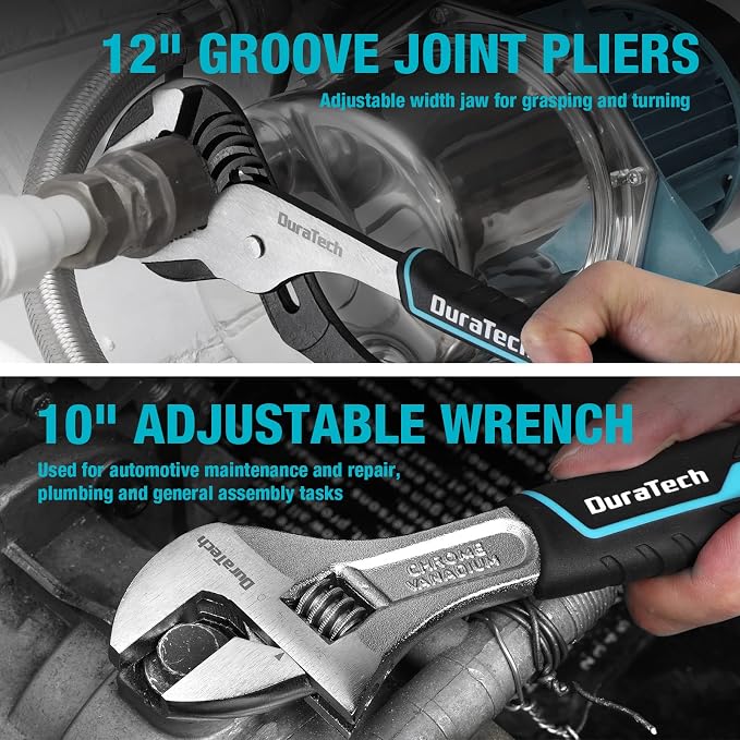 DURATECH 8-Piece Pliers Set with Rolling Pouch, Cr-V/Cr-Ni Construction | 3 Groove Joint Pliers (12", 10", 8"); 8" Adjustable Wrench; Linesman, Long Nose & Slip Joint Pliers; 6" Diagonal Pliers