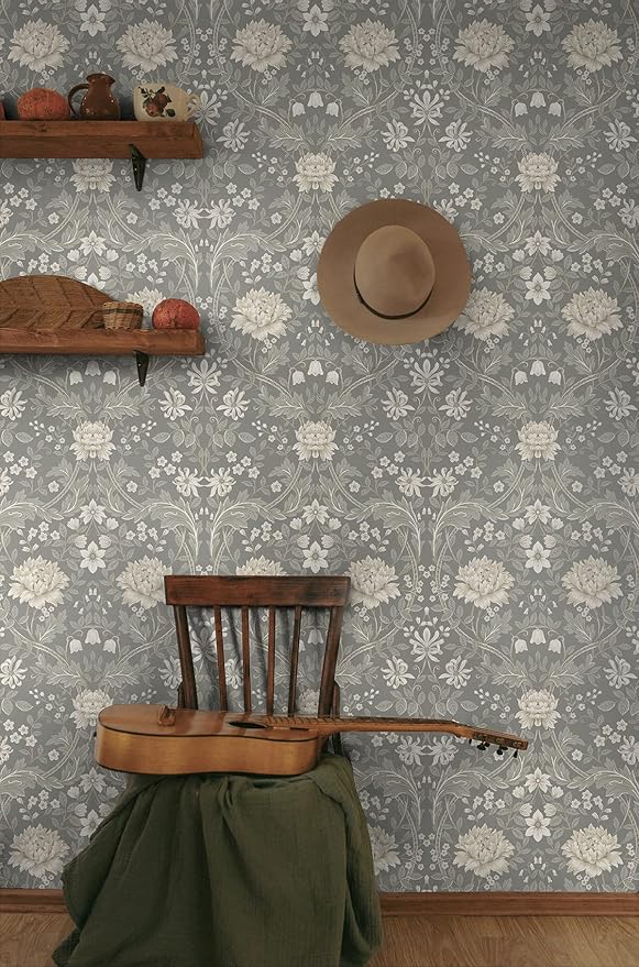 NextWall Honeysuckle Trail Floral Peel and Stick Wallpaper (Daydream Grey)