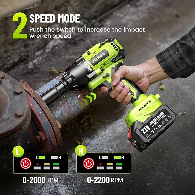 Cordless Impact Wrench, 885Ft-lbs (1200N.m) 1/2" Brushless Impact Gun | 21V High Torque Power Impact Driver, 2x4.0Ah Batteries Electric Impact Motor Variable Speeds for Car/Truck RV/Mower