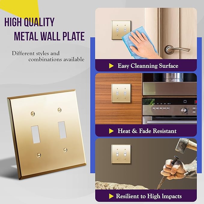 ENERLITES Toggle Light Switch Metal Wall Plate, Stainless Steel 201, Corrosion Resistant, Size 2-Gang 4.50" x 4.57", 7712-PB, Polished Brass, Gold