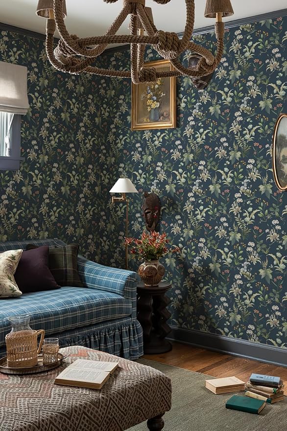 Simon&Siff Vintage Floral Peel and Stick Wallpaper 480" x 17.3" | Blue Botanical Contact Paper, Self Adhesive Removable Waterproof Wall Paper, Renter Friendly, Bedroom Cabinets DIY Decor