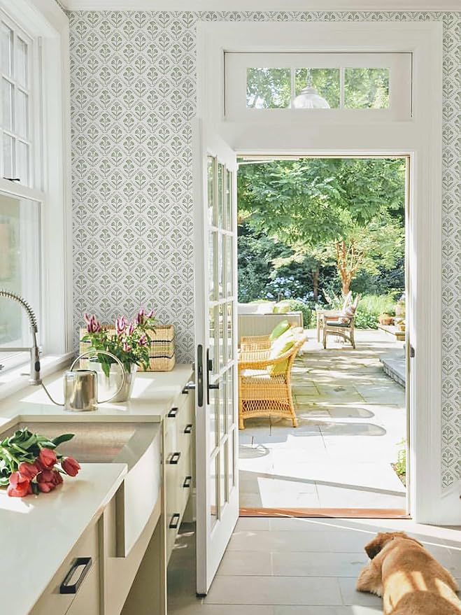 Dimoon Green Peel and Stick Wallpaper Floral Contact Paper Village Vintage Summer Cute Farmhouse Cottage Wall Paper Country Renter Friendly Geometry Waterproof Moody Bathroom Kitchen 78.7"x17.3"