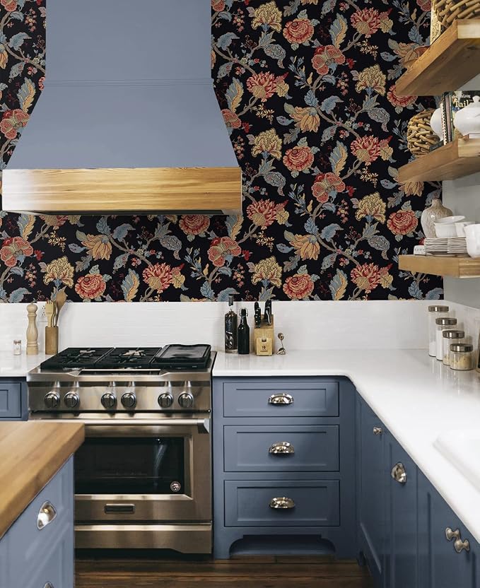 NextWall Kianna Jacobean Floral Peel and Stick Wallpaper (Ebony)