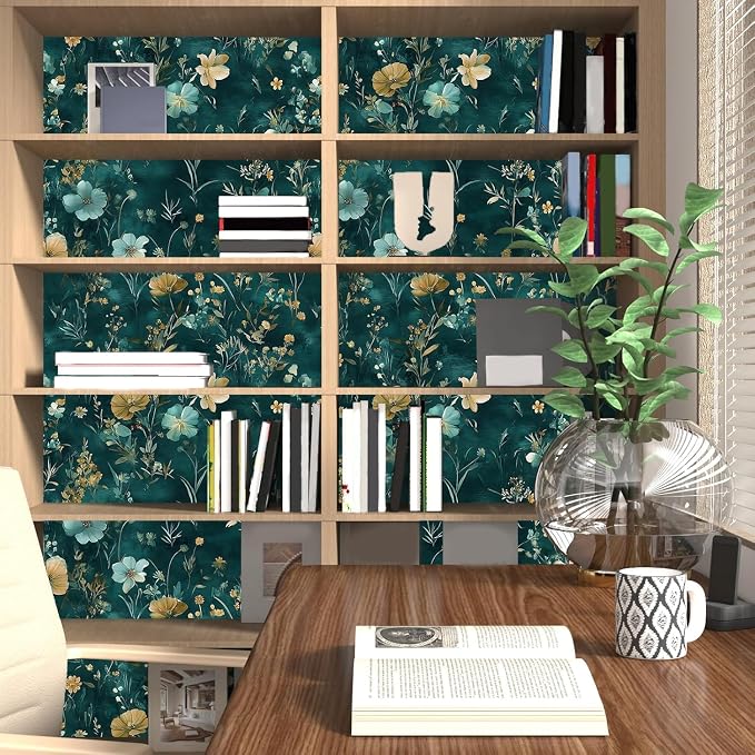 Floral Leaf Vintage Wallpaper Peel and Stick 17.5" x 118", Teal Gold | Self Adhesive/Removable/Waterproof/Thick Vinyl Contact Paper for Bathroom Bedroom Shelf Cabinet Drawer,Prepasted,Easy Peel