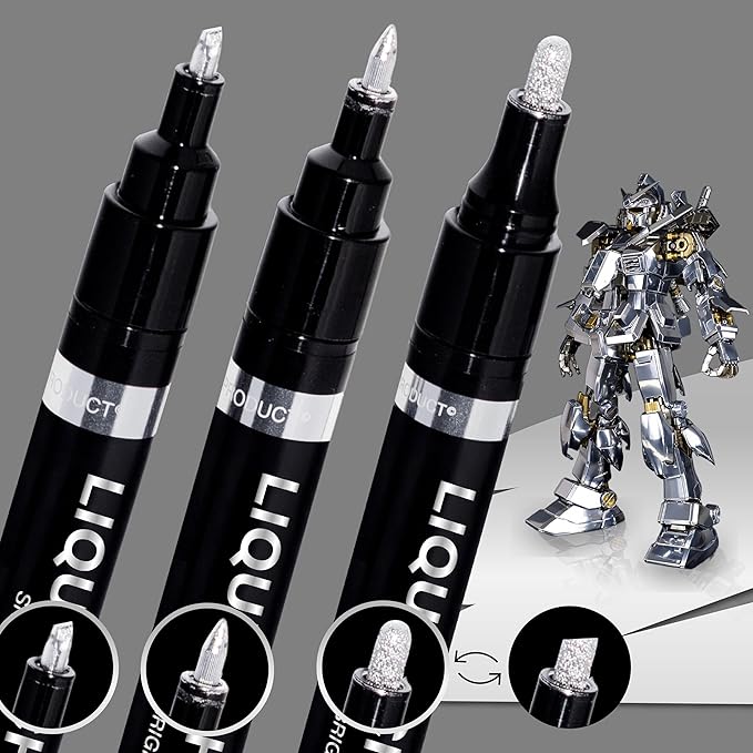 3PK Liquid Chrome Markers - Permanent Mirror Chrome Pens, Chrome Paint Pens for Plastic, Metal, Model Painting, Touch Up & Repair Kit, Set of 3 Tips (0.7mm, 1mm, 3mm)