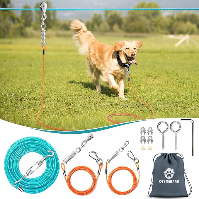 Professional Dog Runner Trolley System，Heavy Duty & Adjustable 90ft Dog Zip Line with 10ft & 15ft Tie Out for Large Dogs Up to 250lbs, Chew Proof Dog Run Cable for Yard, Camping & Outdoor Adventure