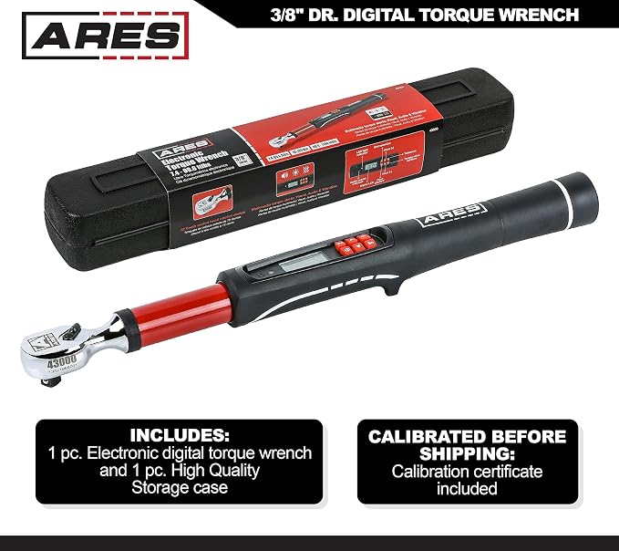 ARES 43000 3/8-Inch Drive Electronic Digital Torque Wrench | 7.4-99.6 ft/lbs (10-135Nm); Reversible Sealed Head; Multi-Alert System Prevents Over-Torquing