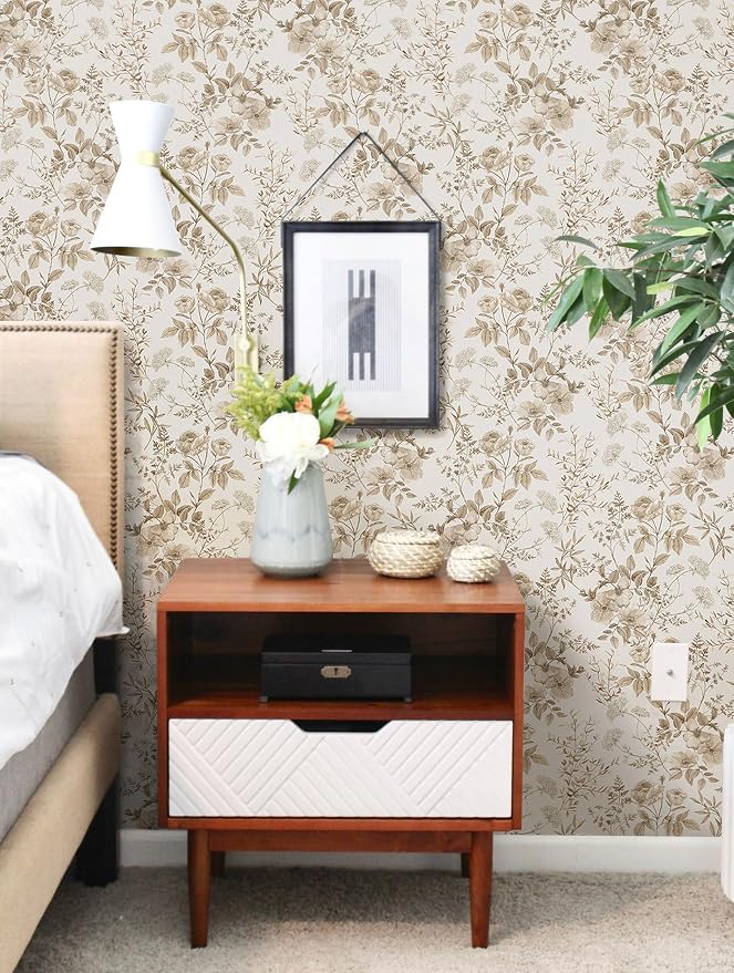 Erfoni 16.9" x118" Boho Floral Peel and Stick Wallpaper Beige Flower and Leaf Contact Paper Self Adhesive Removable Wallpaper Boho Botanical Wall Paper for Bedroom Cabinets Decor Vinyl Roll Waterproof