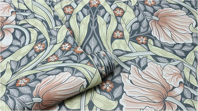 HAOKHOME Vintage Floral Wallpaper Peel and Stick Botanical Grey/Terracotta Wall Murals Home Kitchen Bedroom Decor by William Morris 17.3in x 32.8ft
