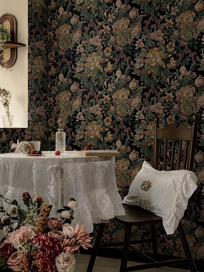 Dimoon Vintage Wallpaper Peel and Stick Archival Dark Green Floral Wallpaper 17.3"x197"Flower Leaf Retro Contact Paper for Bedroom Thicken Waterproof Self Adhesive Wall Paper Removable Vinyl Roll