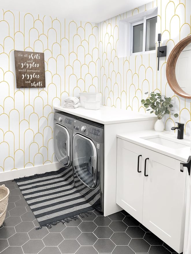 Yasinet Peel and Stick Wallpaper White and Gold Wallpaper Modern Geometric Contact Paper White/Gold Stripe Self Adhesive Wall Paper Decorative for Wall Bedroom 17.3''x393.7''