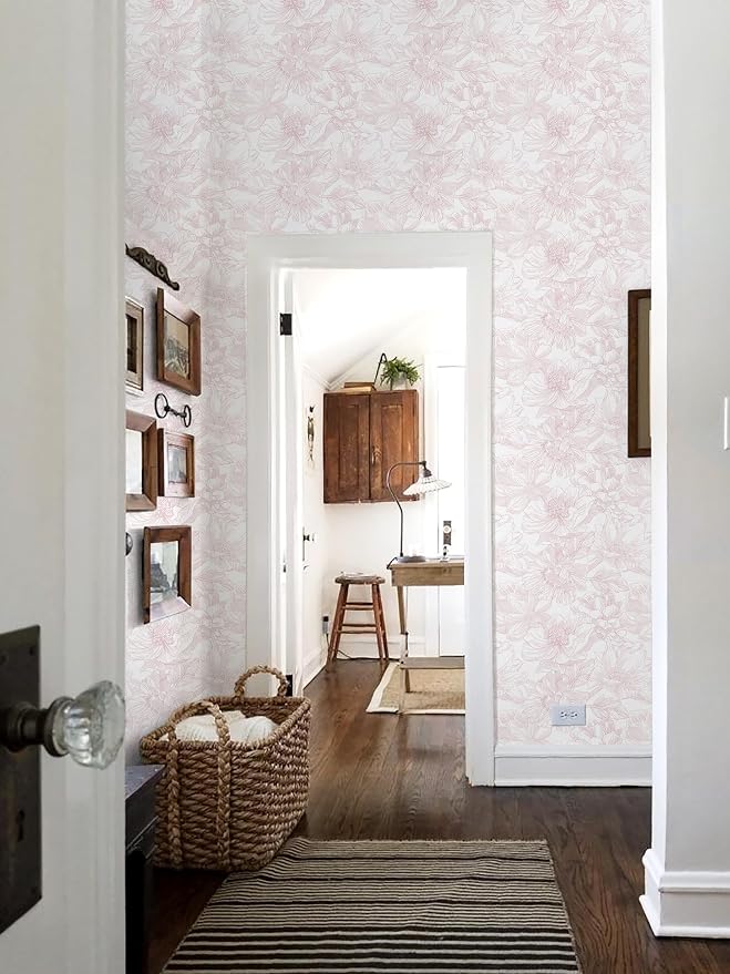 393"x17.3" Peel and Stick Wallpaper Floral Contact Paper Boho White Pink Flower Wallpaper Removable Wall Paper Self Adhesive Modern for Cabinets Drawers Bedroom Thicken Vinyl