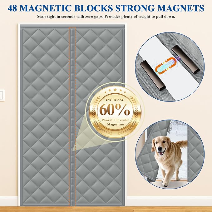 Magnetic Thermal Insulated Door Cover Curtain, Fits 36" x 80" Door, Gray | Curtain Size 38'' x 82'', Weatherproof Oxford Filled with Thicken Cotton, Powerful Magnets Automatic Closure after Walking
