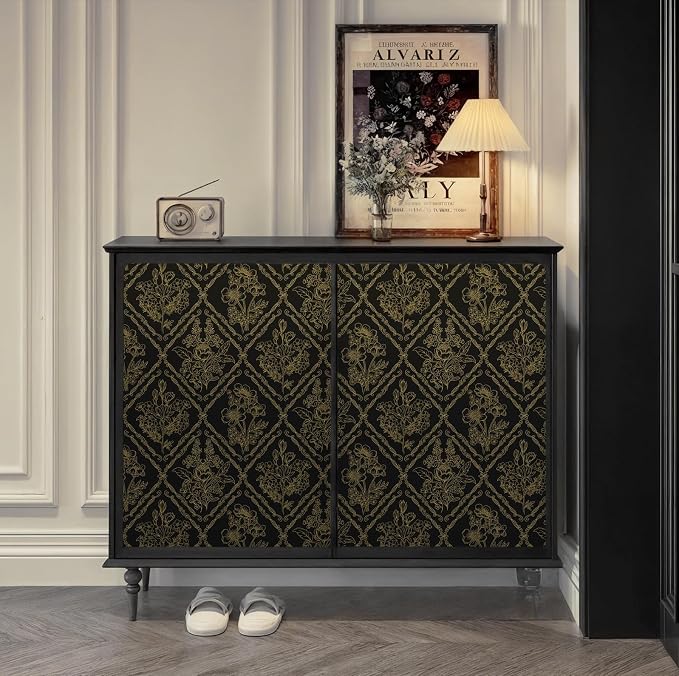 Toduso Peel and Stick Wallpaper Vintage Wall Paper Boho Contact Paper Black and Gold Floral Removable Wallpaper for Bathroom Bedroom Flower Waterproof Self Adhesive Vinyl Drawer Decor 17.3"x196.8"