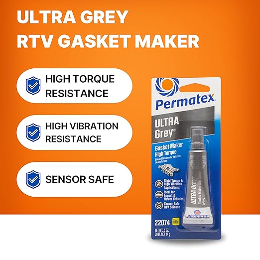 Permatex 22074 Ultra Grey Rigid High-Torque RTV Silicone Gasket Maker, Sensor Safe and Non-Corrosive, for High Torque and Vibration Resistant Applications, 0.5 oz | (Pack of 6)