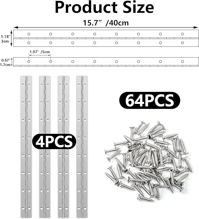 4 PCS 16 Inch Stainless Steel Piano Hinge Heavy Duty with 64 Pcs Screws for Cabinets Boat Marine Door DIY Woodworking Storage Box Hatche Furniture Hardware Silvery