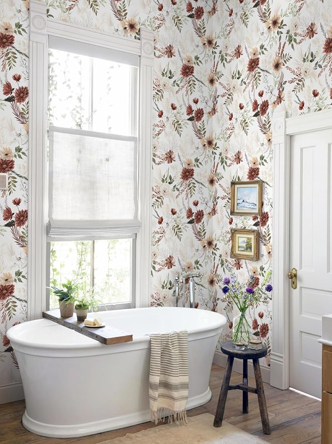 Dimoon 17.3''x385'' Floral Peel and Stick Wallpaper Vintage Beige Antique Contact Paper Bathroom Village Country Cottage Wallpaper Farmhouse Renter Friendly Geometry Waterproof Kitchen Bedroom Vinyl