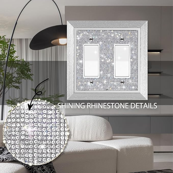 1 Pcs Shiny Rhinestones Switch Wall Plate Double Gang Toggle Imitation Wood Grain Light Switch Covers Outlet Covers Decorator Plate Outlet Wall Plates