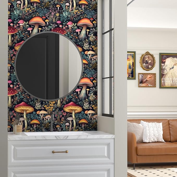 BOKEBEVE Mushoroom Wallpaper Peel and Stick Boho Black Red 17.5 x 393.5In | Extra Long Removable Renter Friendly Vintage Floral Wall Paper for Bedroom Bathroom Living Room Feature Accent Wall