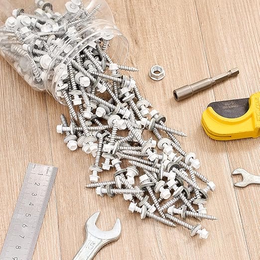 150 Pcs White #10 x 1-1/2" Metal Roofing Screws - Galvanized Hex Head Self-Tapping with EPDM Washers Sharp Point,for Corrugated Roofing, Wood Siding, Fences, Carports, Garages, Sheds