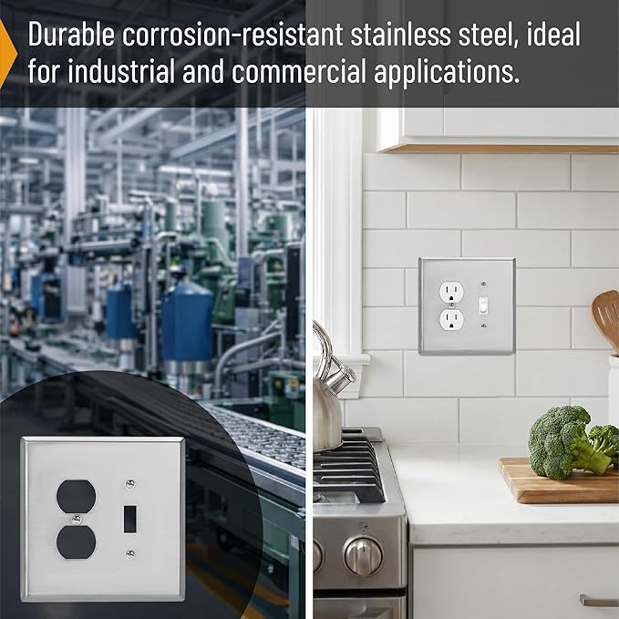 Bates- 2-Gang Combination Wall Plate, 5.5"x 5.5"/Over-Size, Silver, Stainless Steel Toggle Light Switch/Duplex Receptacle Outlet, 2 Gang Wall Plate for Electrical Outlets, Double Outlet Cover Plate