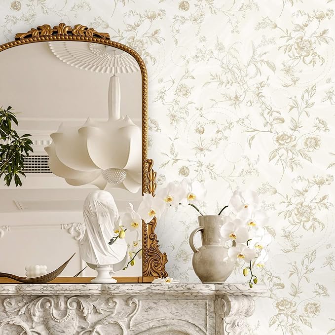 Ismoon Peel and Stick Wallpaper Floral Vintage Stick on Wall Paper Beige French Textured Contact Paper for Cabinet Removable Self Adhesive Wallpaper Vinyl Roll Shelf Deco, 17.3x78.7in
