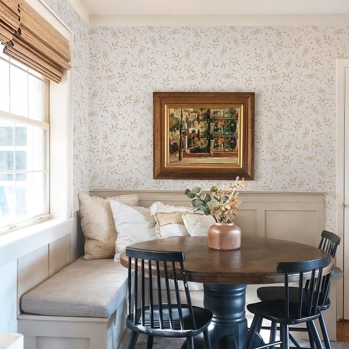 Ismoon Floral Wallpaper Peel and Stick Beige Neutral Contact Paper Wildflowers Leaf Stick on Wall Paper Textured Removable Self Adhesive Vinyl Wallpaper for Bedroom Bahtroom Wall Decor 17.3x78.7in