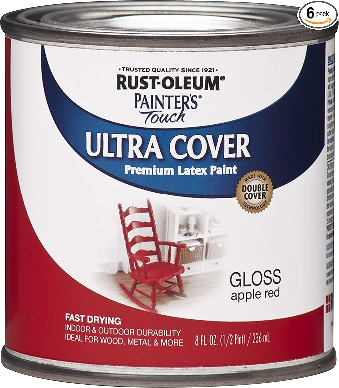 Rust-Oleum 1966730 Painter's Touch Latex Paint, Half Pint, Gloss Apple Red, 8 Fl Oz (Pack of 6)
