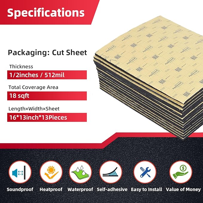 Sound Deadening Mat 1/2inch(13 mm) 18.47sqft - Car Sound Deadening Material Closed Cell Foam - Heat Insulation PE Foam Sound Deadener Material & Heat Barrier