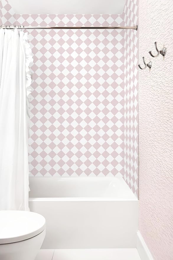 Safiyya 196"x 17.3" Pink and White Checkered Wallpaper Geometric Funky Peel and Stick Wallpaper Self Adhesive Removable Contact Paper Pink Check Wall Paper for Bedroom