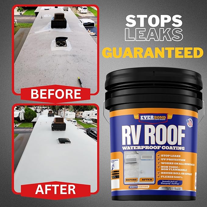 Everbond Liquid Rubber RV Roof Coating - Roof Sealant for Camper Roofs, Trailers, Motorhomes, and Metal Buildings - Roof Cooling White 4.75 Gallon - Made in USA