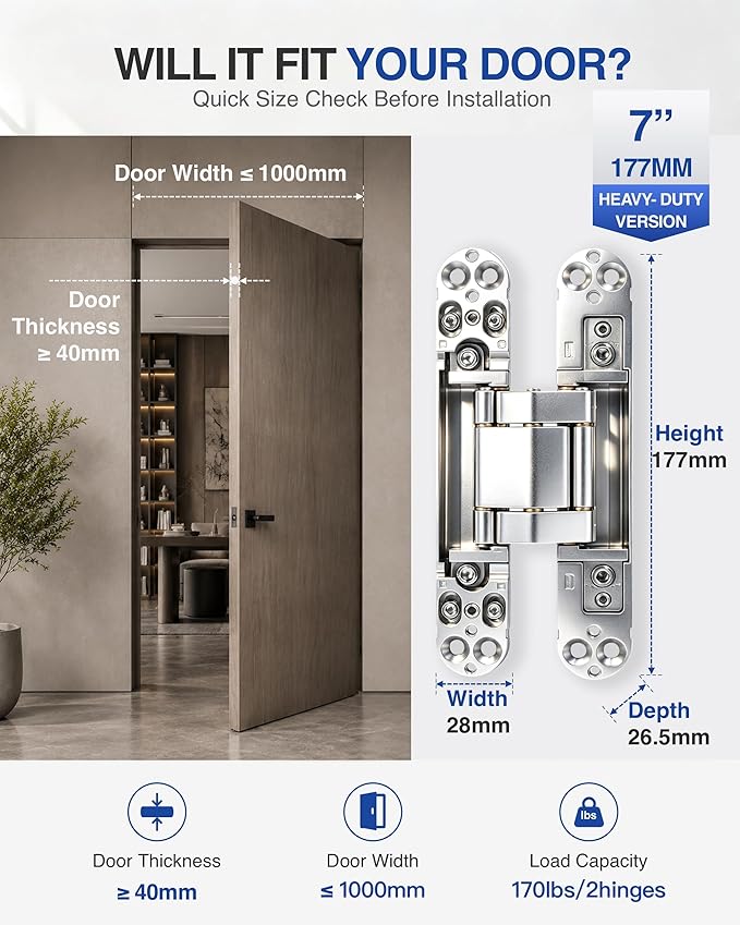 Onedaful 2 Kits 7 inch Stainless Steel Hidden Door Hinges Invisible Hinges for Door, 180 Degree Swing Concealed Hinges, 3 Way Adjustable & Heavy Duty for Secret Door (Load-Bearing Up to 170lbs)
