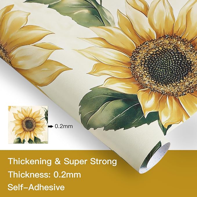 Yasinet Sunflower Peel and Stick Wallpaper Boho Floral Wallpaper Vintage Contact Paper for Bedroom Cabinets Farmhouse Waterproof Removable Self-Adhesive Wall Paper for Wall Vinyl 17.3''× 196.8''
