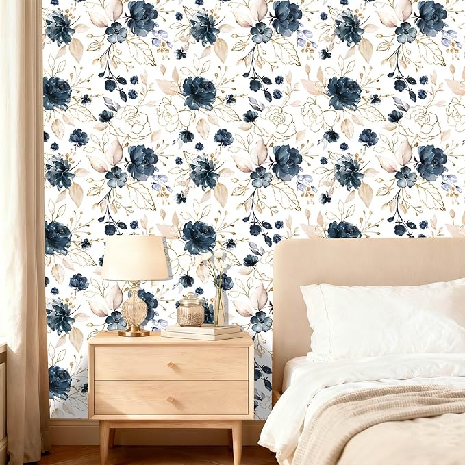 Navy Blue Floral Peel and Stick Wallpaper 17.7"x393.3" | Removable thick vinyl, watercolor botanical design, laundry room, bedroom, bathroom, renter friendly accent walls