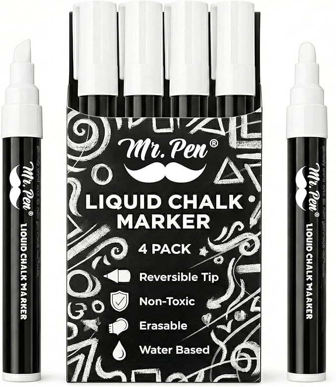 Mr. Pen- Liquid Chalk Marker Pen, 4 Pack, 8x Labels, White Non-Toxic Odorless Chalk Markers, Dual Reversible Chisel & Bullet Tip, Ideal for Non-Porous Chalkboards, Chalkboard Vinyl, Glass & Metal