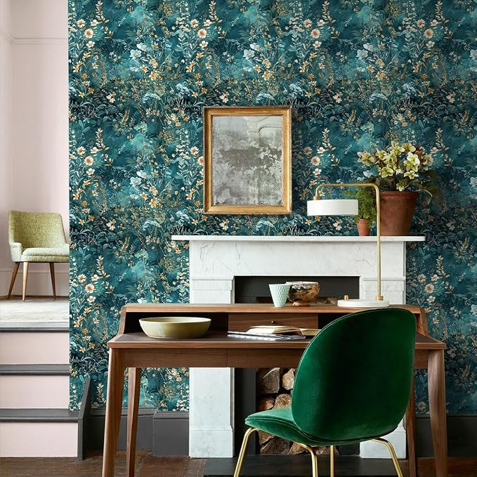 Floral Peel and Stick Wallpaper Teal Contact Paper 17.3in x 393in | Botanical Self Adhesive Wallpaper Vintage Floral Decor Vinyl for Bathroom Cabinets Teal Flower Removable Wall Paper Roll